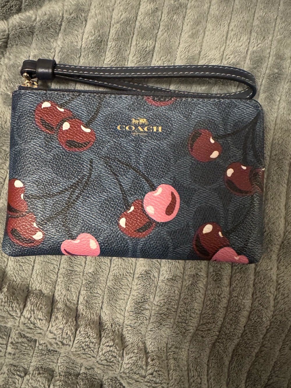 Coach Navy Cherry Print Wristlet with Pink & Red Accents